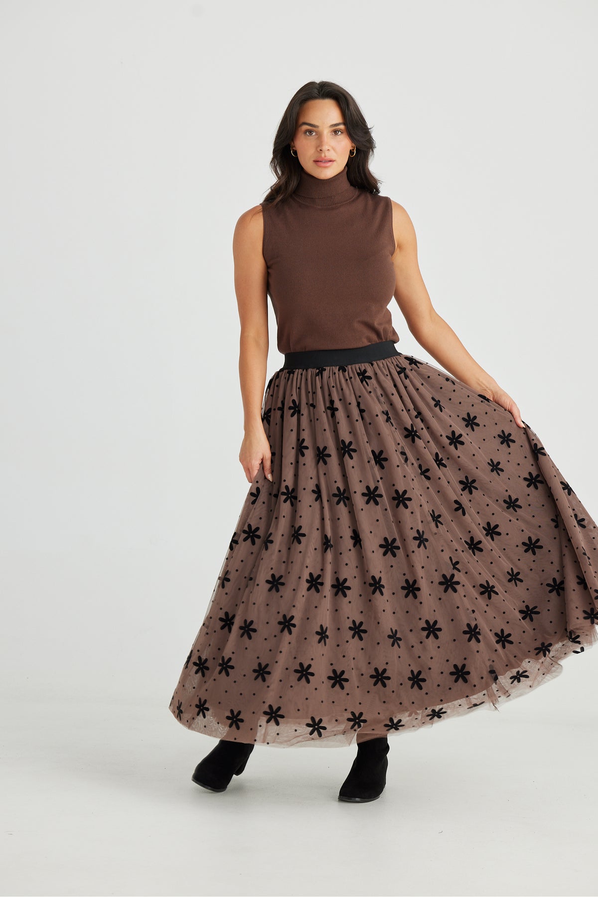 Carrie Skirt Tan Floral Dot