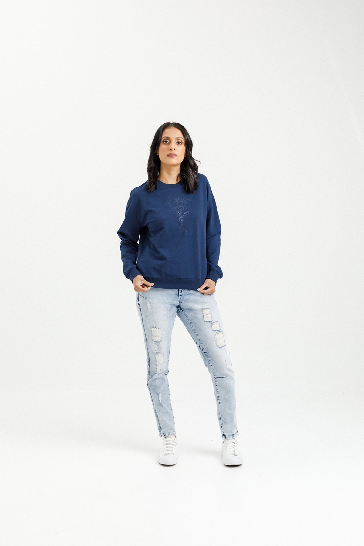 Camilia Crew Indigo Blue With Tonal Floral Print