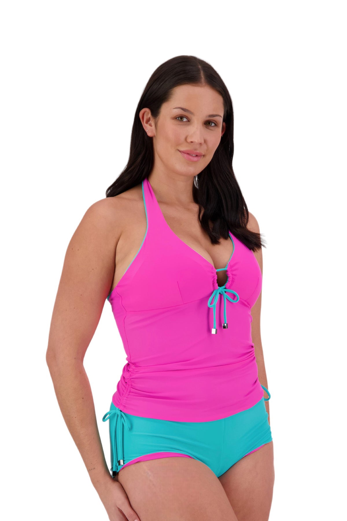 Drawstring Reversible Tankini Aqua/ Pink