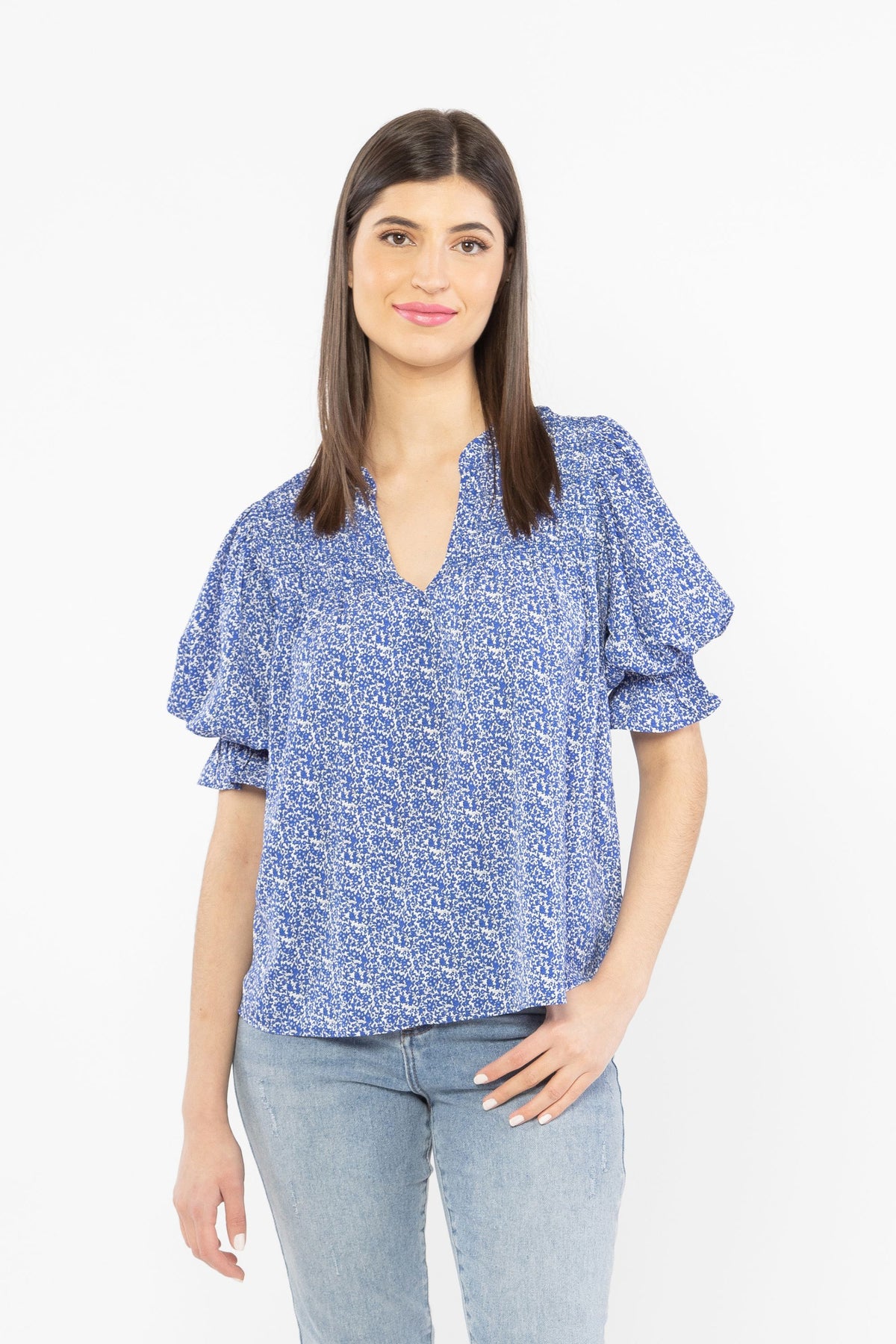 Celebrate V Neck Top Cobalt Trellis