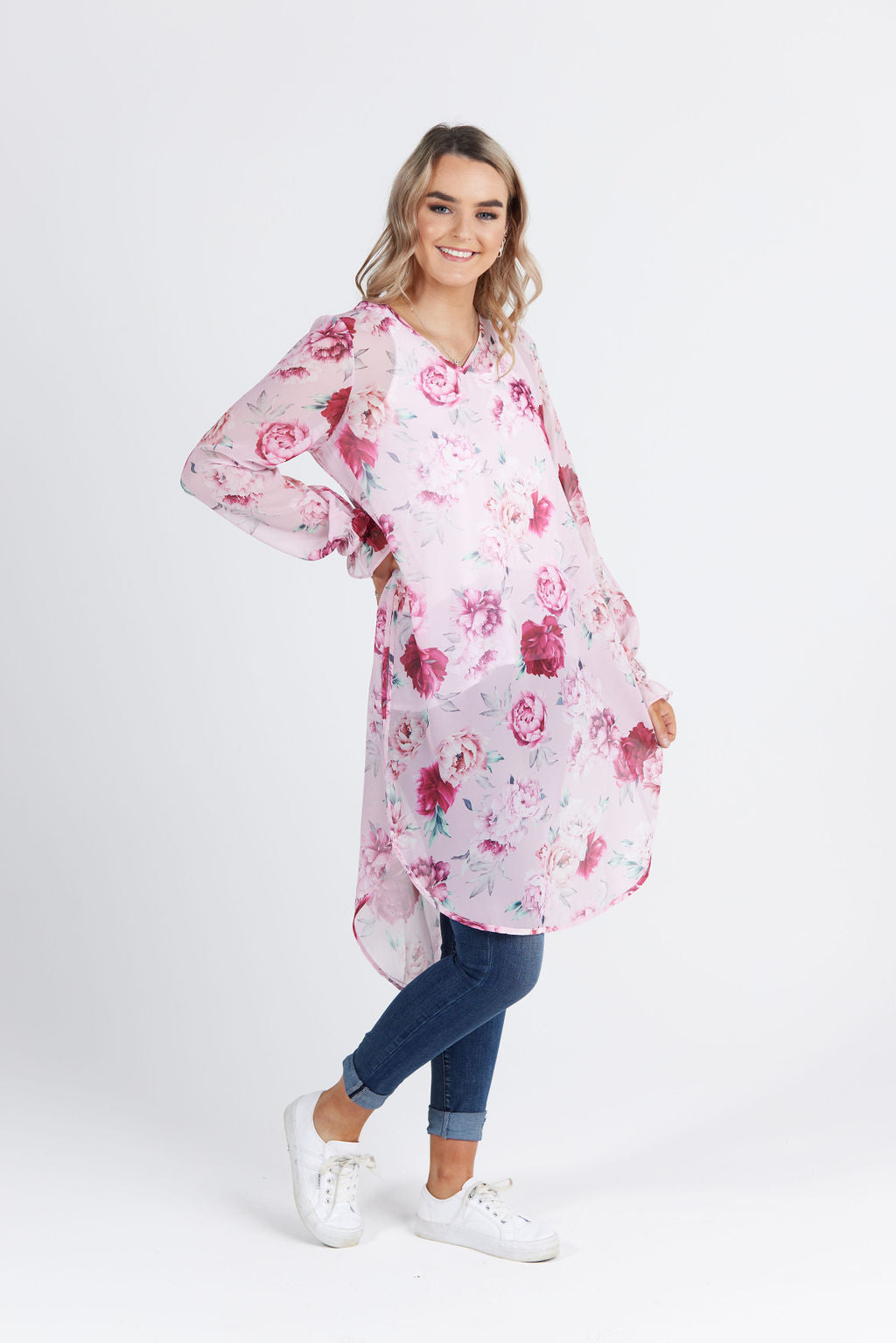 V Neck Opal Tabard Pink Peony Print