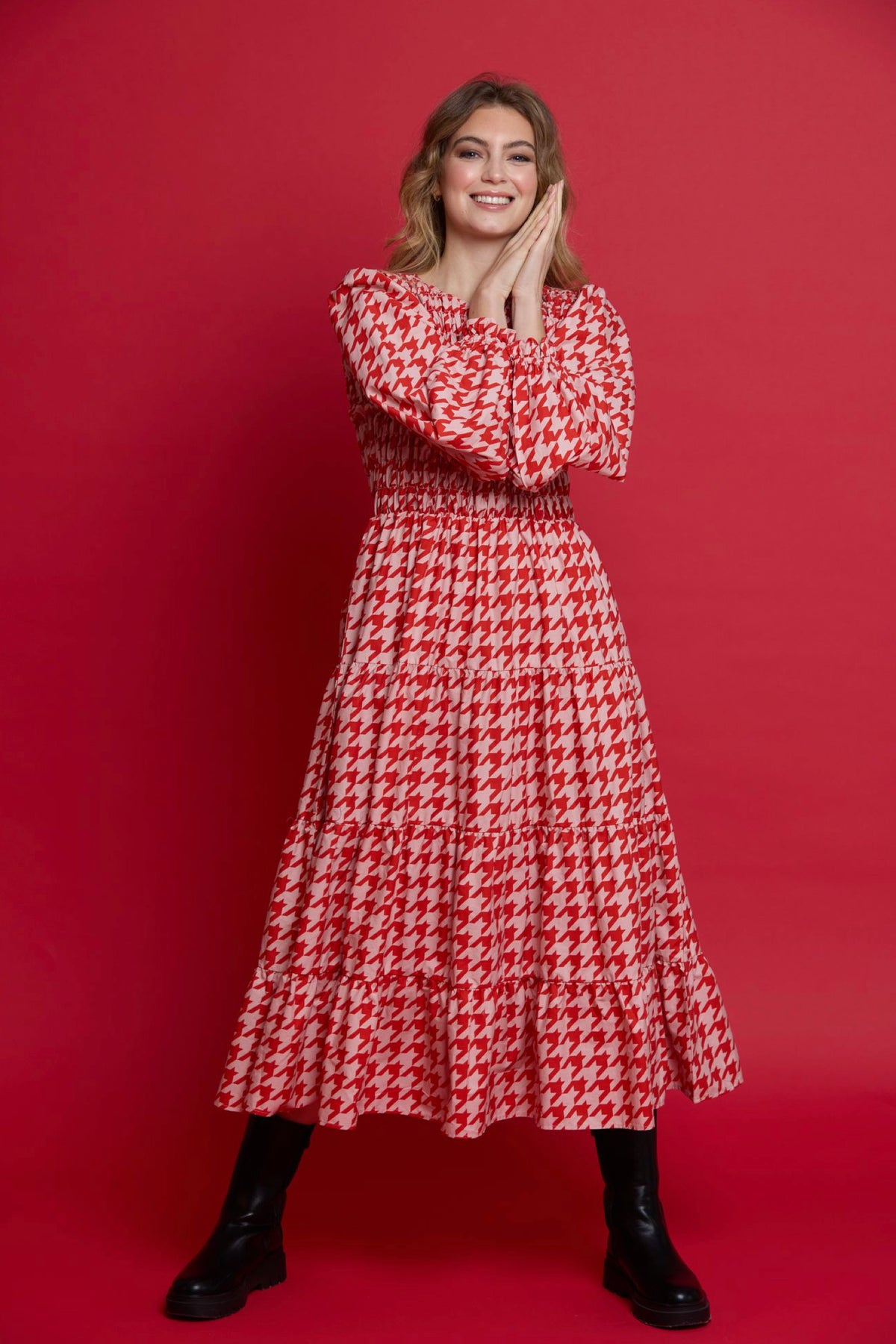 Fallon Dress Ruby Houndstooth