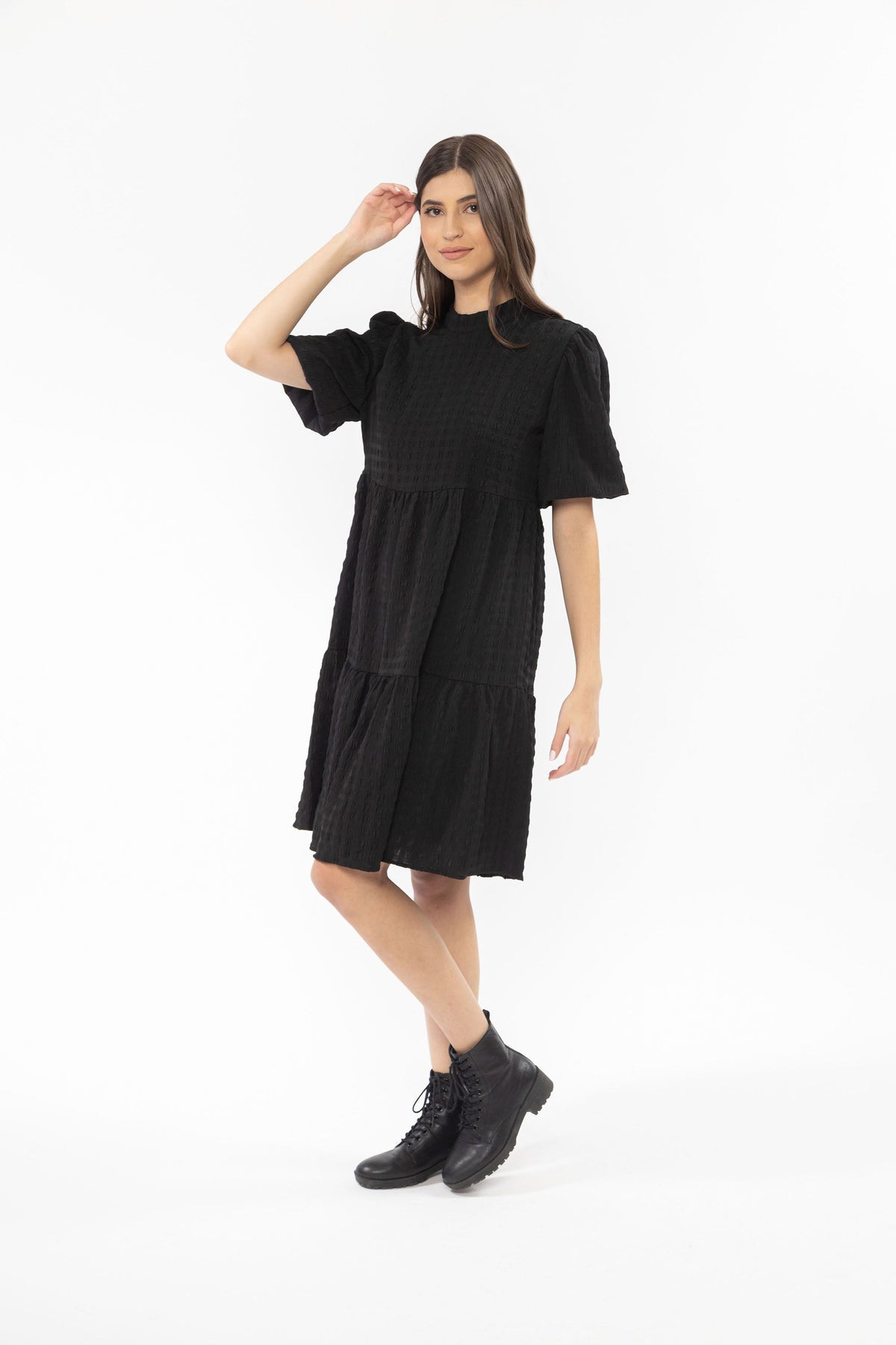 Collar Savanna Dress Black Check Crinkle