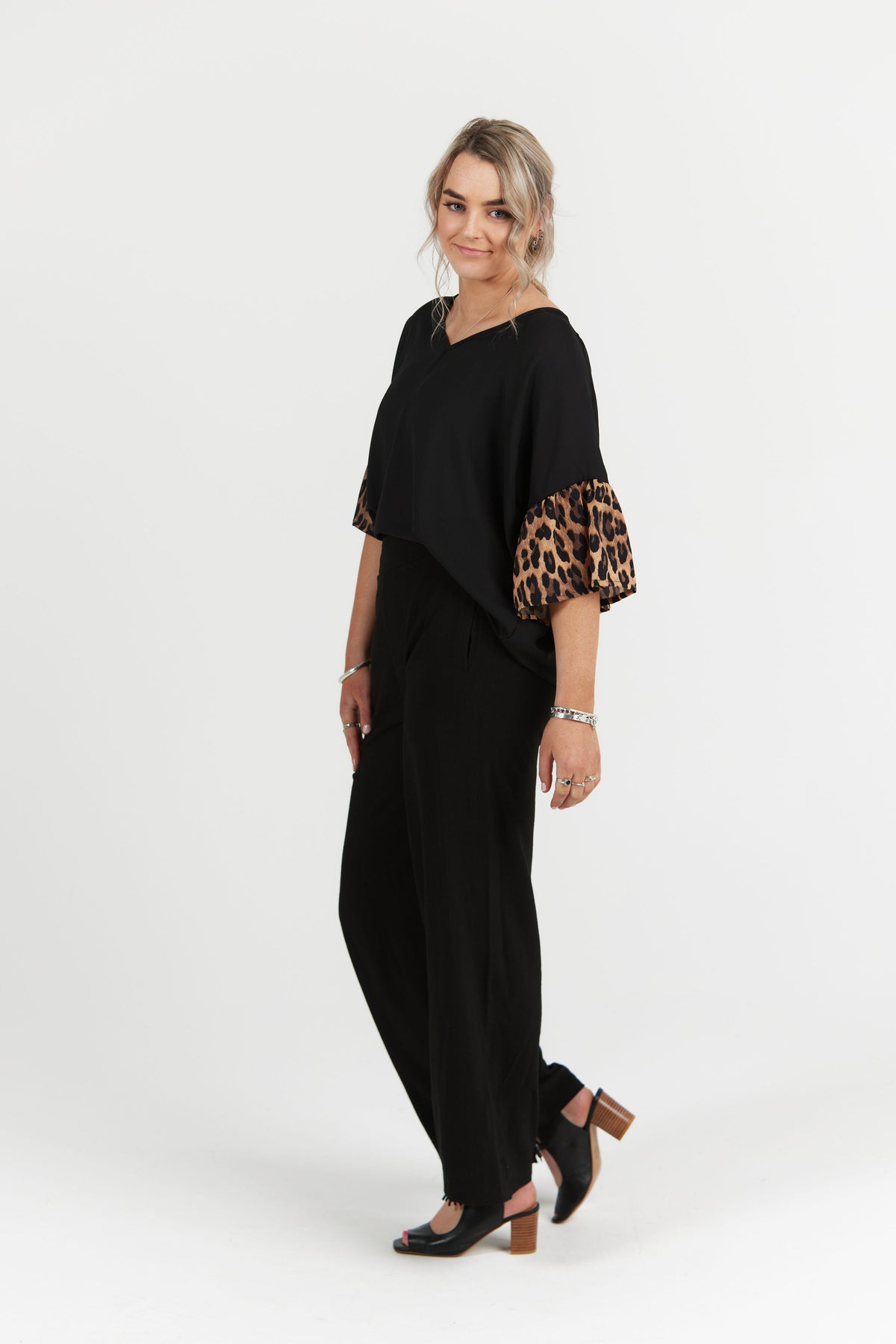 Emmeline Top Black With Leopard Sleeve