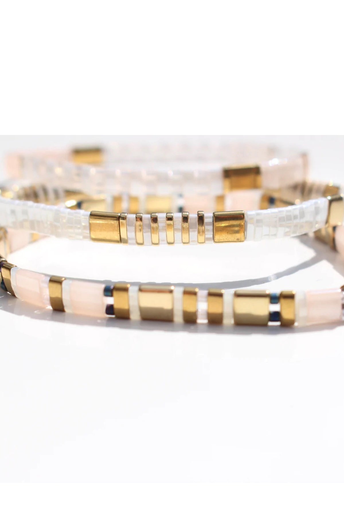 Glass Bead Bracelets Blush White + Gold Trio