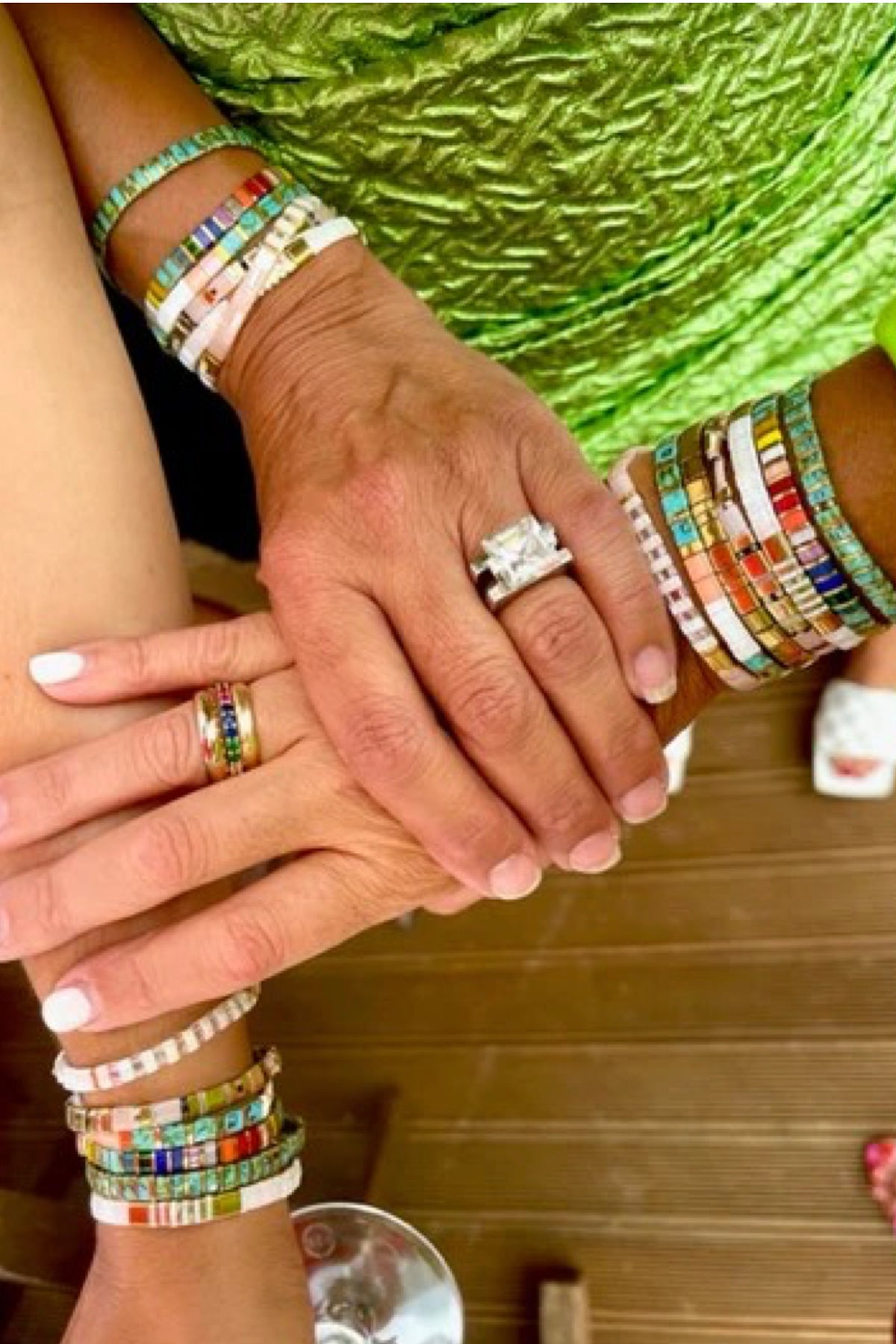 Glass Bead Bracelets Blush White + Gold Trio