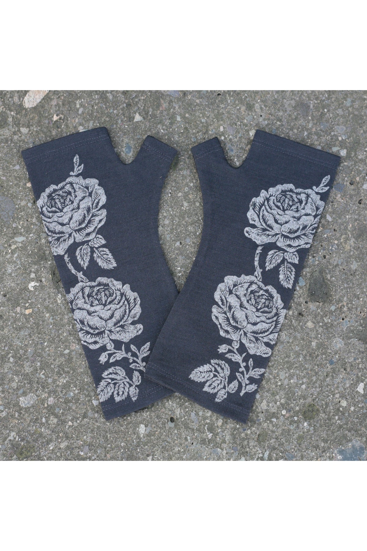 Charcoal Vintage Lead Rose Print Merino Fingerless Gloves