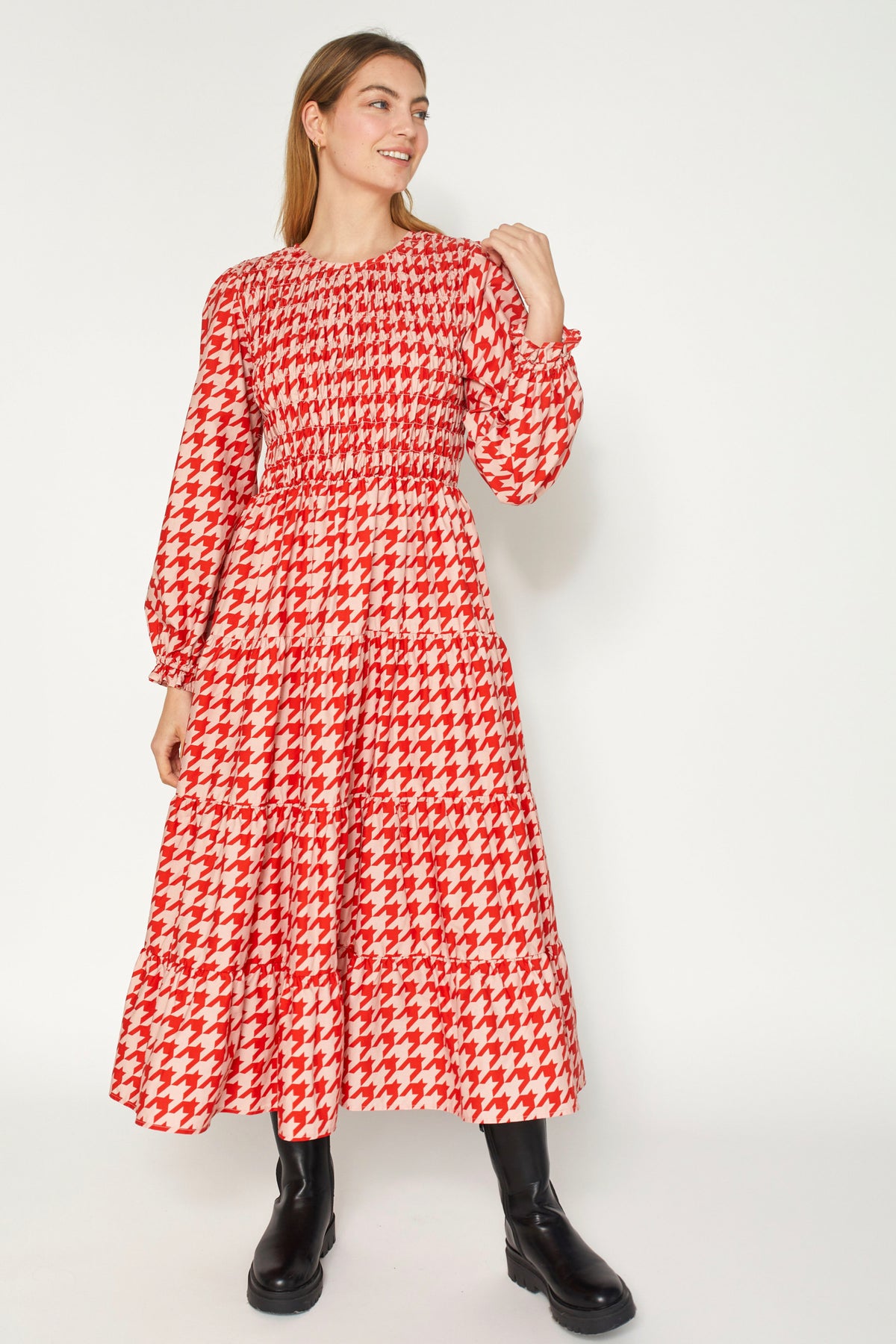 Fallon Dress Ruby Houndstooth