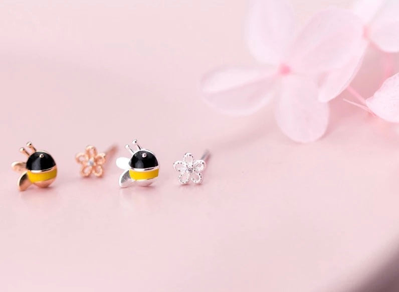 Tiny Bee And Flower Studs Sterling Silver