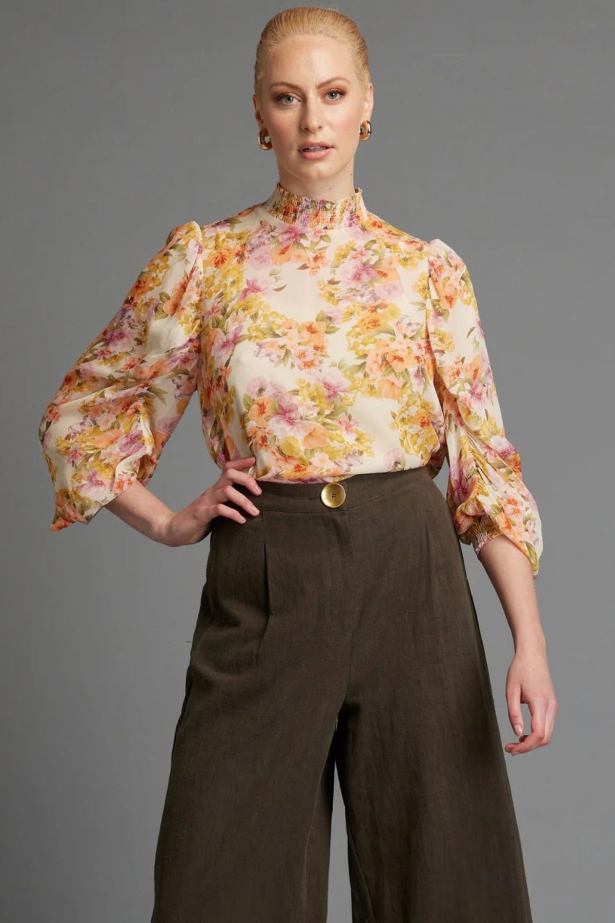 Last Dance Shirred High Neck Top Cream Floral