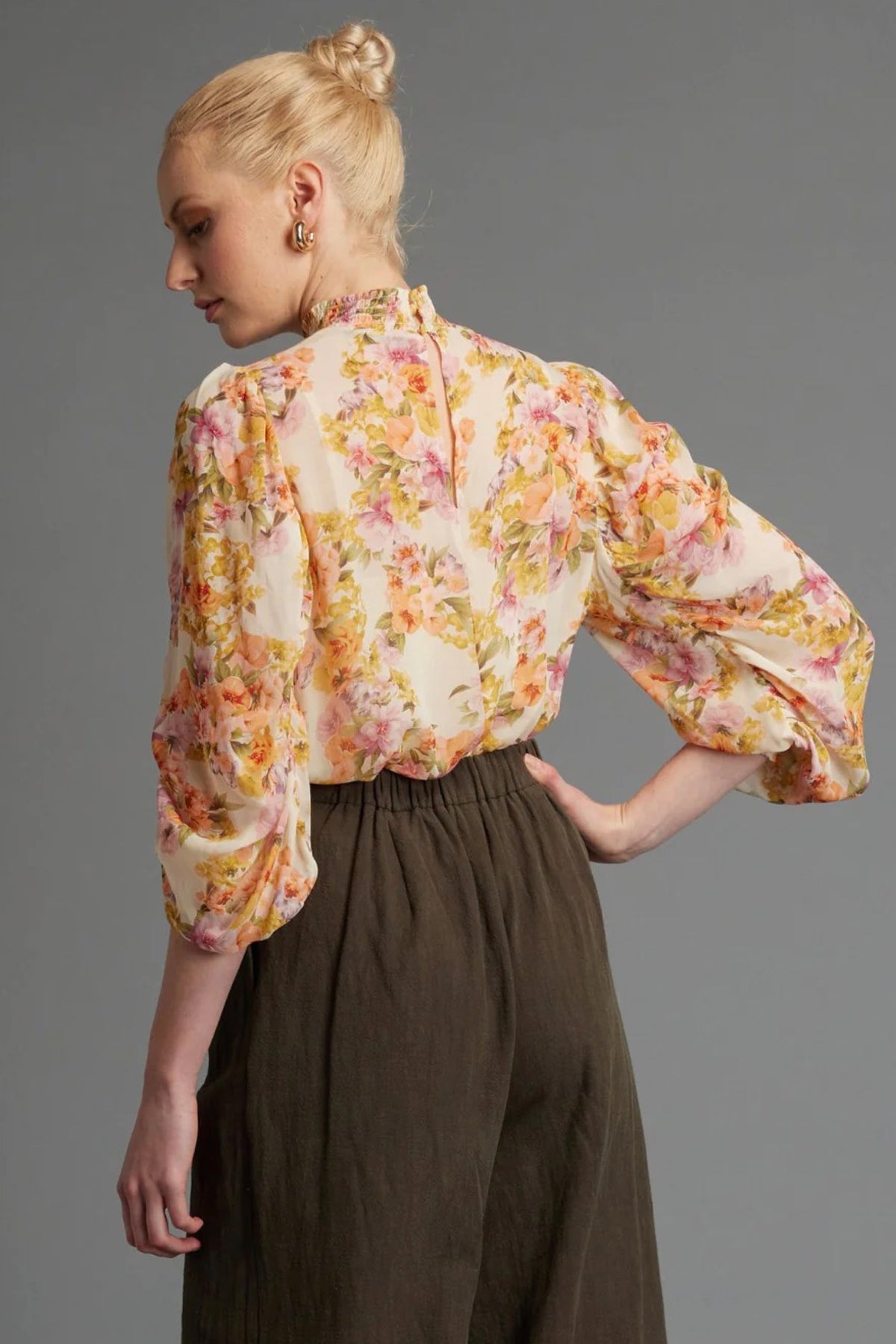 Last Dance Shirred High Neck Top Cream Floral