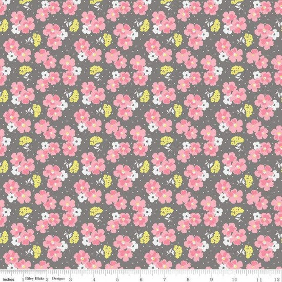 Paper Daisies Fabric - Grey/Pink