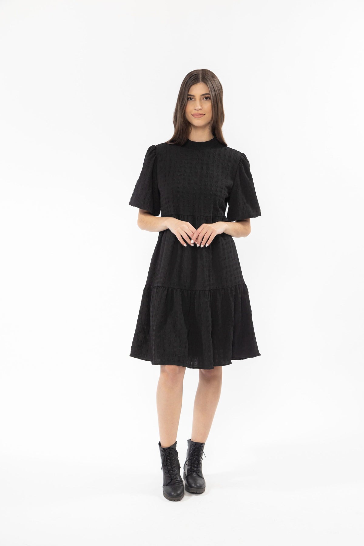 Collar Savanna Dress Black Check Crinkle